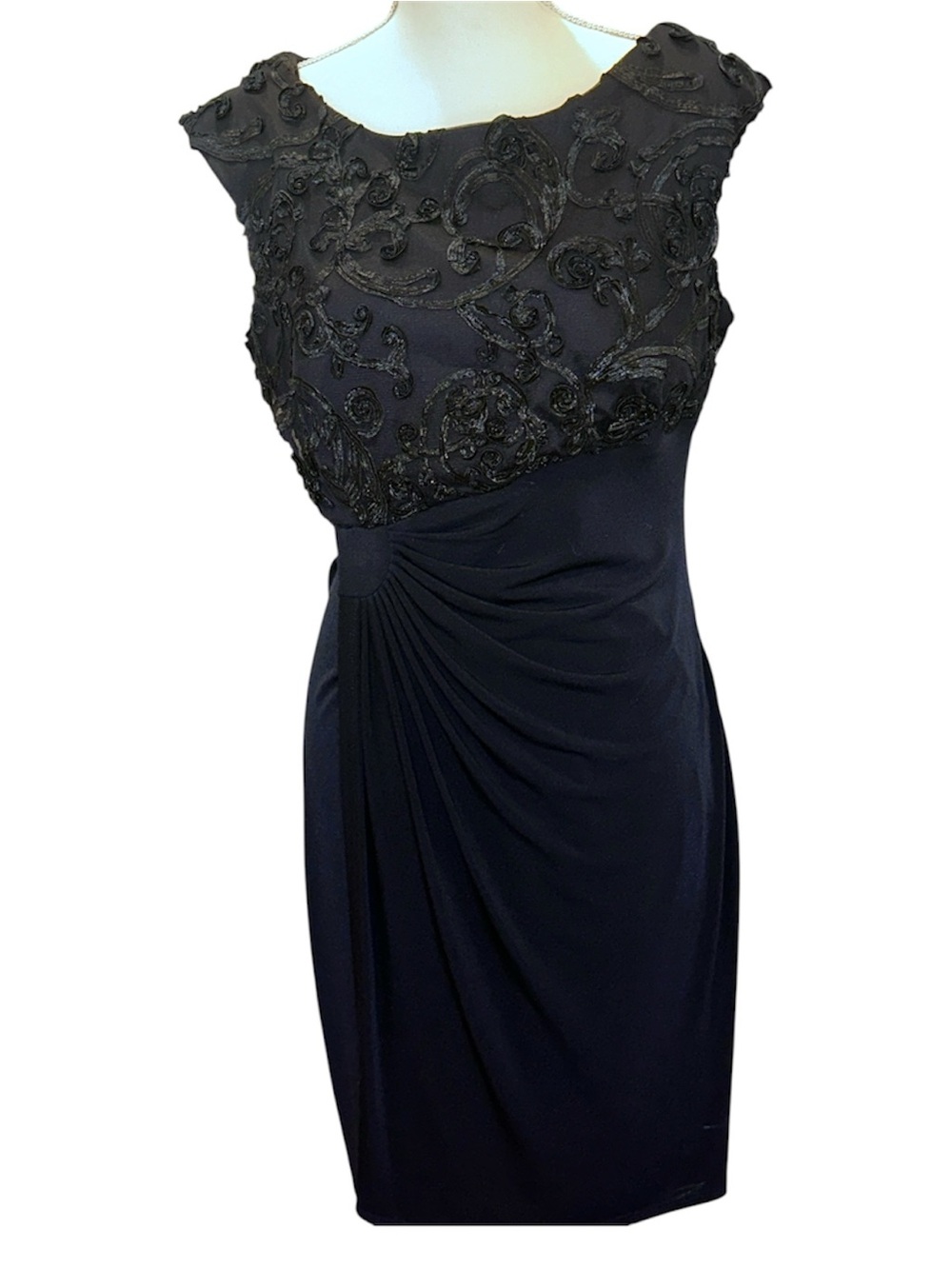 Connected Apparel Soutache Bodice Faux-Wrap Gown in navy blue